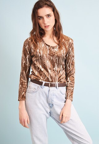 90'S RETRO FLORAL PATTERN VELVET KITSCH TOP BLOUSE