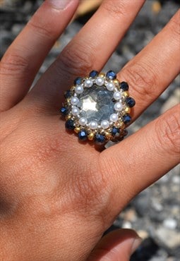 Handmade multi color ring,glass/pearl beaded ring