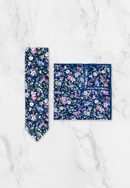 Blue Cotton Floral Wedding Tie & Pocket Square Set