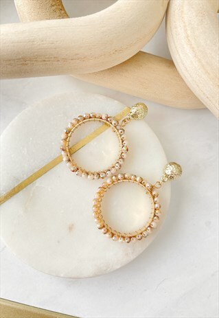 Gold Cream Circle Hoop Beaded Organic Drop Earrings