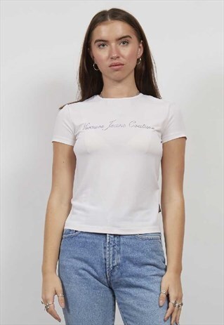 VINTAGE 90'S VERSACE SEMI-SHEER DIAMANTE LOGO TOP