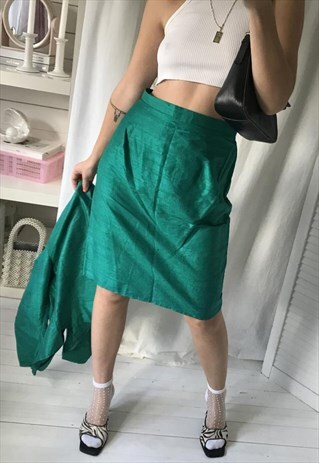 VINTAGE 80S EMERALD GREEN PUFFY SLEEVE TWO PIECE SKIRT SET