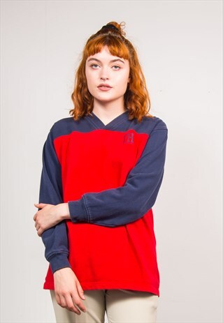 VINTAGE 90'S TOMMY HILFIGER RED V-NECK SWEATSHIRT JUMPER