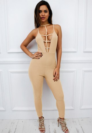 WOMENS NEW BEIGE CUT OUT CAGE STRAPPY SKINNY LEG JUMPSUIT