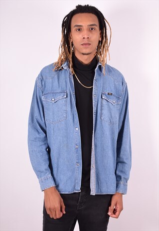 LEE MENS VINTAGE DENIM SHIRT LARGE BLUE 90S