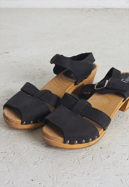 Vintage Black Leather Wood Heel Sandals Clogs
