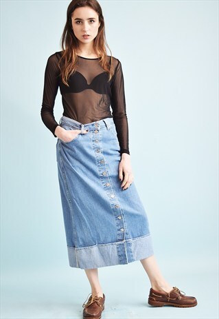 90'S RETRO DENIM HIGHWAISTED MOM'S MIDI SKIRT