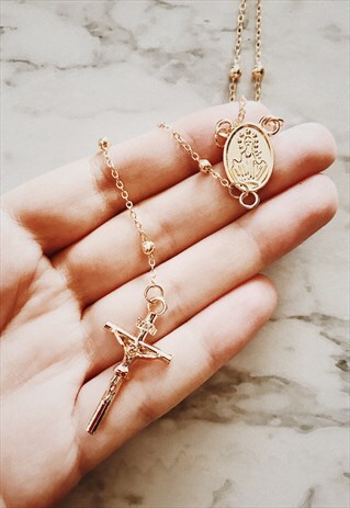 GOLD RELIGIOUS ROSARY CROSS SATELLITE CHAIN NECKLACE