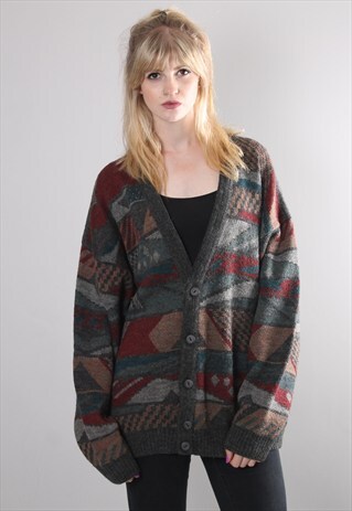 VINTAGE 80S GREY PATTERNED THICK KNIT OVERSIZE CARDIGAN
