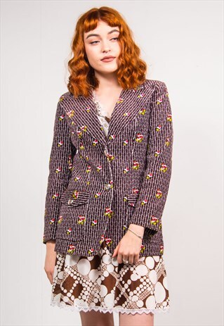 VINTAGE 70'S BROWN FLORAL PATTERN BLAZER JACKET
