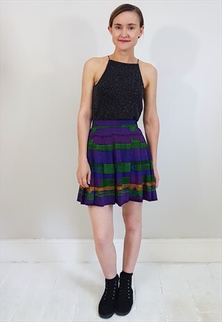 VINTAGE 90'S BLUE PURPLE AND GREEN PLEATED MINI SKIRT