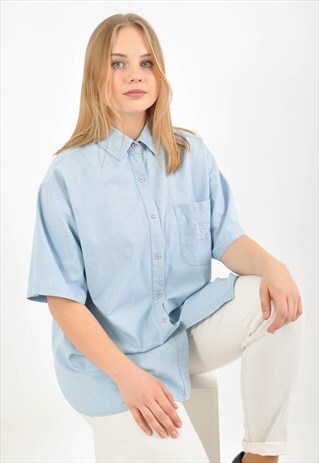 VINTAGE SHORT SLEEVE DENIM SHIRT IN BLUE