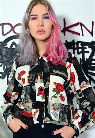 80S VINTAGE BLACK SHIRT WITH ROSES
