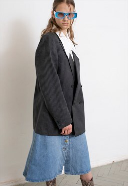 Vintage 90s Grey Wool Blazer Suit Jacket Striped  