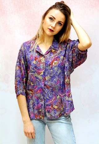 1980S VINTAGE PURPLE FLORAL SILKY BLOUSE