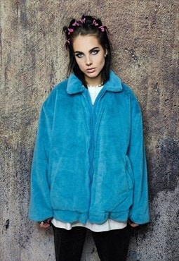 Fleece aviator jacket faux fur fluffy soft coat in sky blue