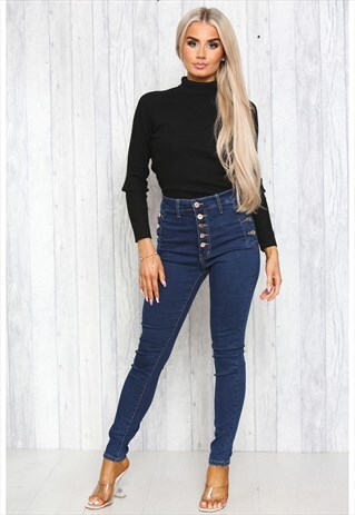 Indigo Button Detail High Waist Skinny Jeans