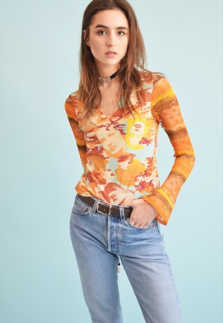 90'S RETRO ABSTRACT PRINT KITSCH TEEN TOP BLOUSE FEATURING M
