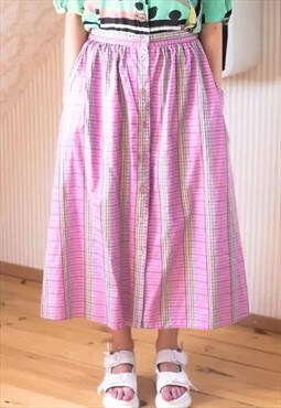 Light purple and green checked long skirt with pockets