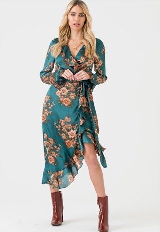 ASYMMETRIC MIDI WRAP DRESS IN GREEN FLORAL PRINT