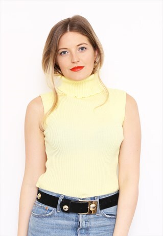 VINTAGE 70S YELLOW RIBBED SLEEVELESS ROLL NECK TOP