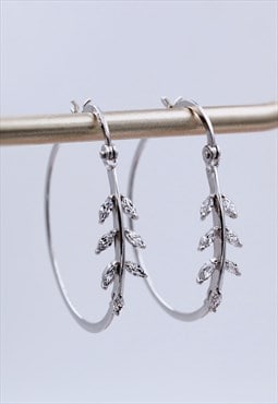 Sterling Silver Leaf Design Large Hoop Earrings