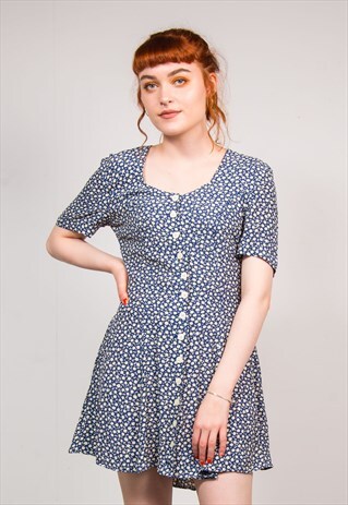 90'S VINTAGE CUTE BLUE FLORAL SUMMER MINI DRESS