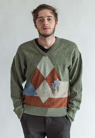 VINTAGE 80S GREEN V-NECK FUNKY JUMPER