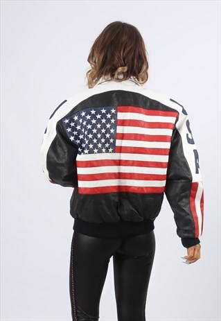 LEATHER BOMBER JACKET USA FLAG MICHAEL HOBAN UK 14 (HH3G)