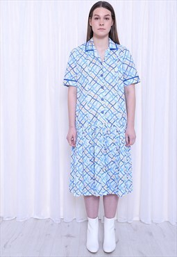 REVIVAL 80s Vintage Blue Abstract Midi Dress
