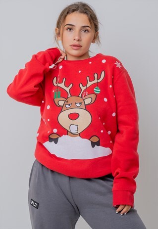 VINTAGE REINDEER CHRISTMAS JUMPER IN RED SMALL