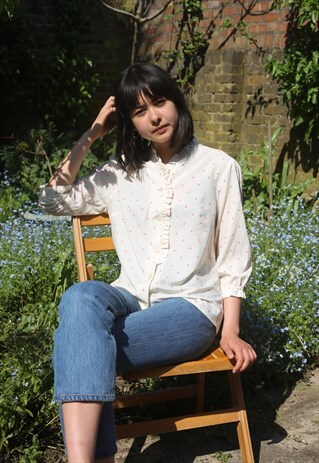 VINTAGE 80S RUFFLE-EDGED MICRO-PRINT BLOUSE