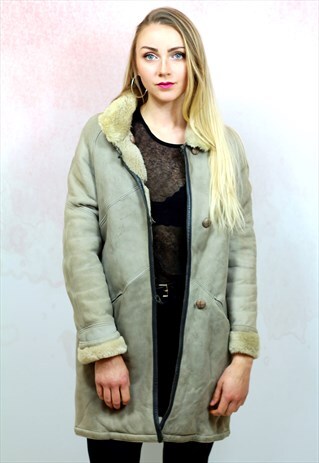 1980S VINTAGE GREY BLUE SHEARLING LINED SHEEPSKIN COAT