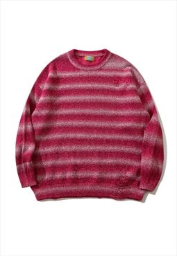 Gradient stripe sweater fluffy jumper woolen pullover in red