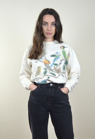 90S VINTAGE CREAM BIRD PRINT SWEATSHIRT