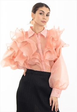 Multi Layer ruffles design sheer organza shirt in Peach