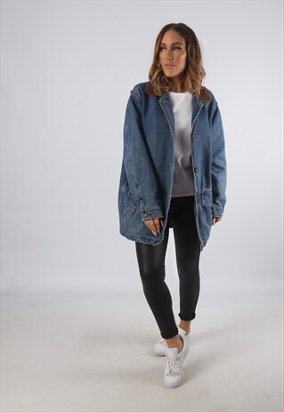 VINTAGE DENIM JACKET OVERSIZED LONGLINE CHECKED UK 14 (C93S)