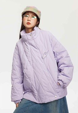 Quilted bomber solid check puffer utility jacket in purple 