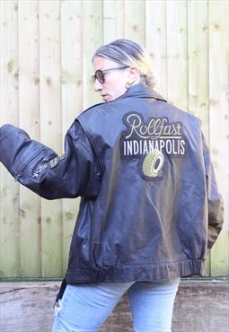 Vintage 1990s embroidered leather biker jacket in black