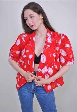 80S RED FLORAL BLOUSE, VINTAGE BOHO NATURE PRINT SHIRT