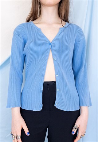 VINTAGE 90S Y2K RIB KNIT CORNFLOWER BLUE CARDIGAN