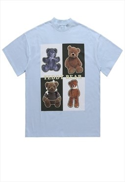 Teddy bear t-shirt grunge tee retro animal print top in blue
