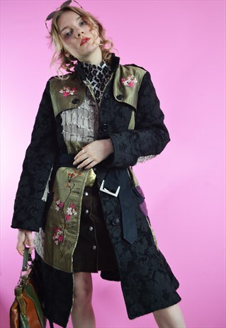 VINTAGE DISTRESSED PATCHWORK FLORAL EMBROIDERY BELTED COAT