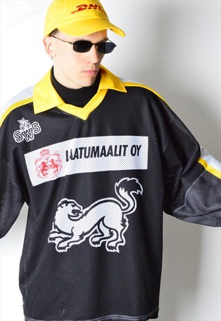 VINTAGE 90S BLACK YELLOW FINLAND HOCKEY JERSEY SHIRT