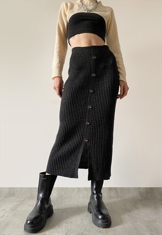 VINTAGE GREY RIBBED MAXI SKIRT