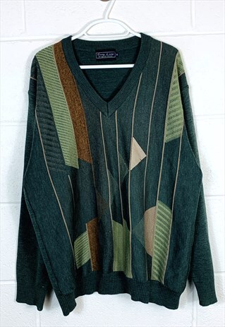VINTAGE ABSTRACT KNITTED JUMPER GREEN PATTERNED CHUNKY KNIT