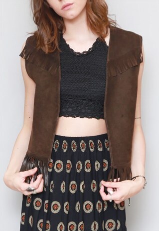 VINTAGE 1970'S CHOCOLATE BROWN SUEDE FESTIVAL WAISTCOAT