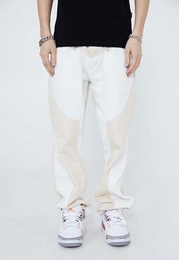 Faux leather patch jeans straight denim cargo pants in white