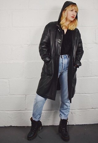 VINTAGE LEATHER COAT PARKA JACKET Y2K BLACK