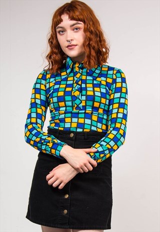VTG 70'S BRIGHT CHECK PATTERN BIG POINTY COLLAR SHIRT BLOUSE
